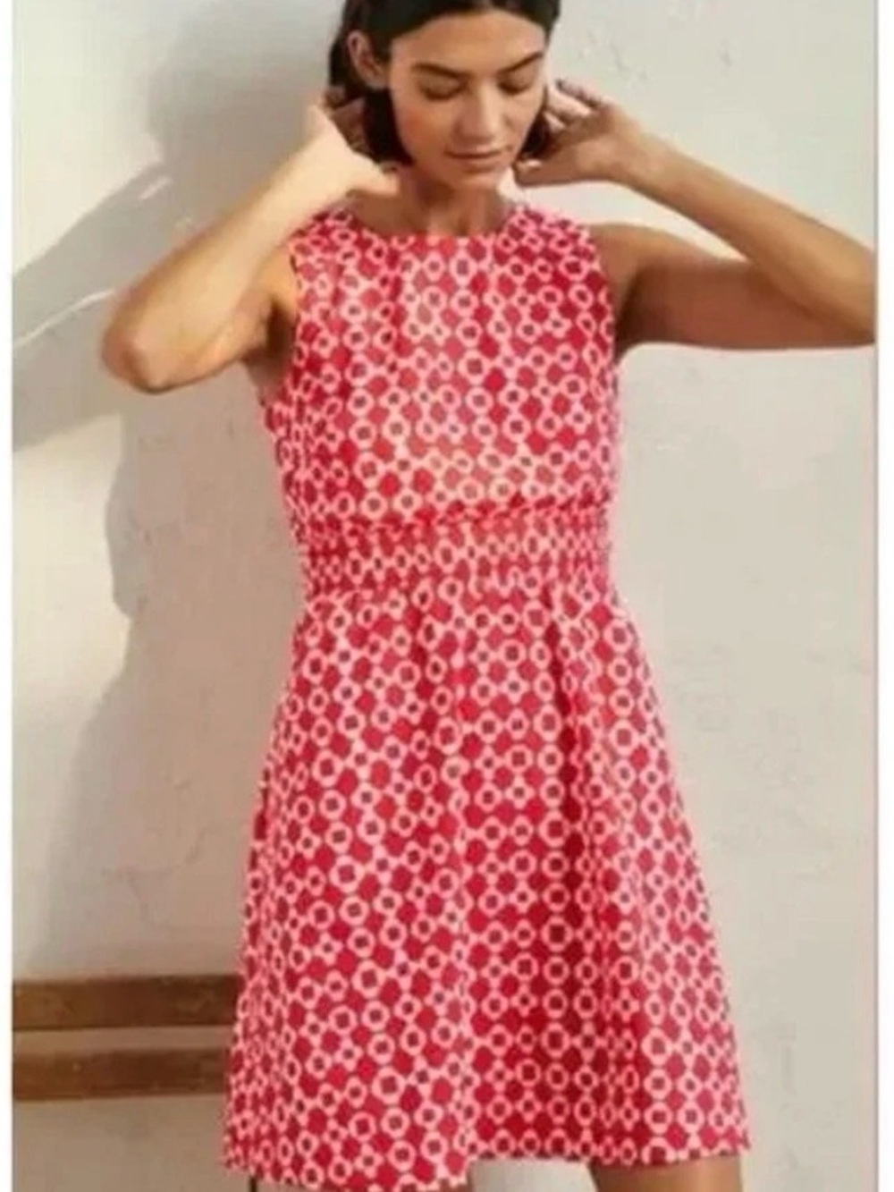 Boden Dress Smocked Waist Mini  Bright Coral Red Mosaic Square Size 14 R